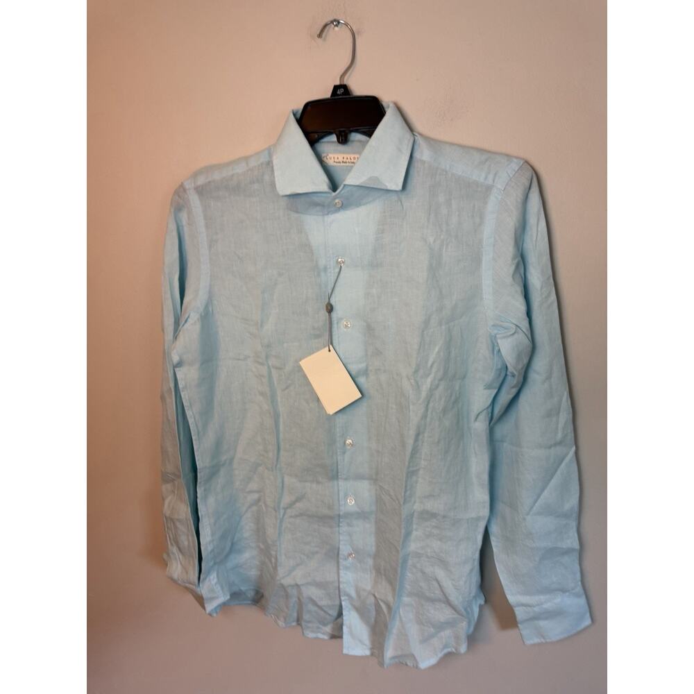 Luca Faloni Shirt Mens 15.5/40 Aqua Marine 100% Linen Button Down Long Sleeve